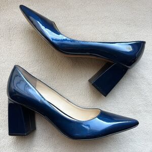 Marc Fisher Zala Blue Patent Leather Pointed Toe Pump Women 8.5 Block Heel
